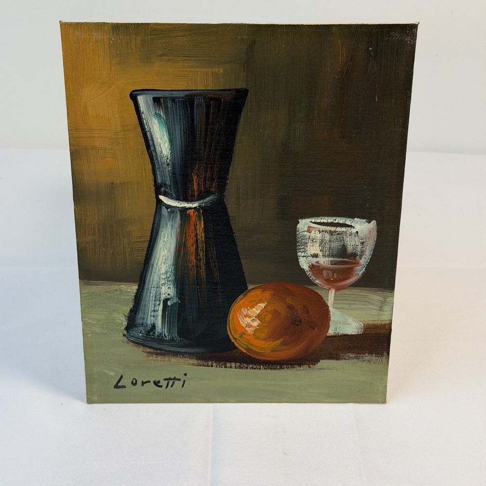 Vintage Still Life Fruit Jug & Glass Oil Painting 8x10" Signed Loretti Painting